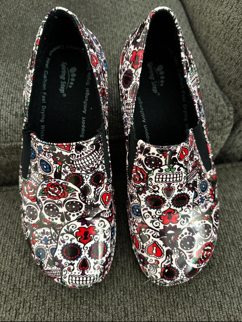 Spring Step Women's Slip-On Mules in Black, White & Red Sugar Skull Print